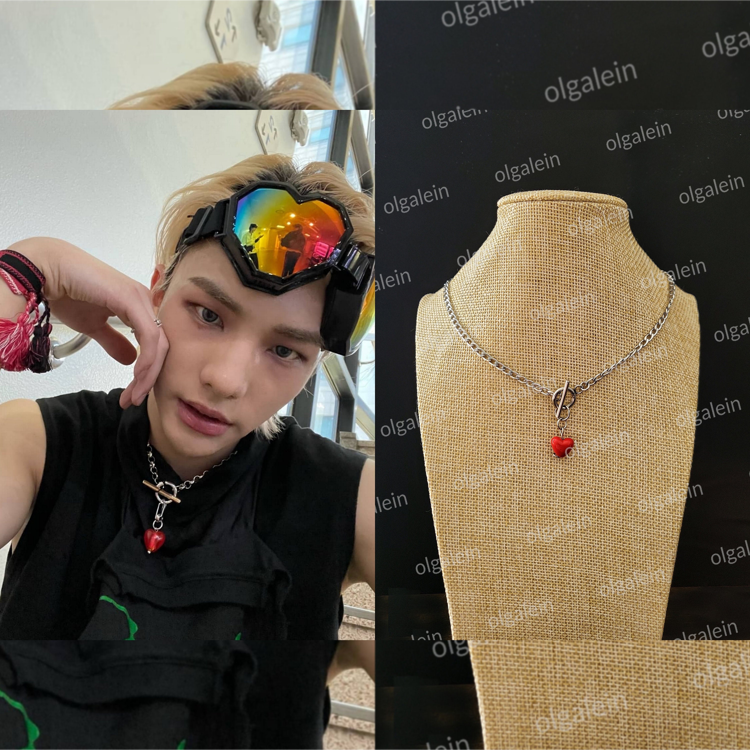 【StrayKidsフィリックス】High Teen Heart Ring Chain Choker Stray Kids Felix Black & Red Heart Multi Charm Choker