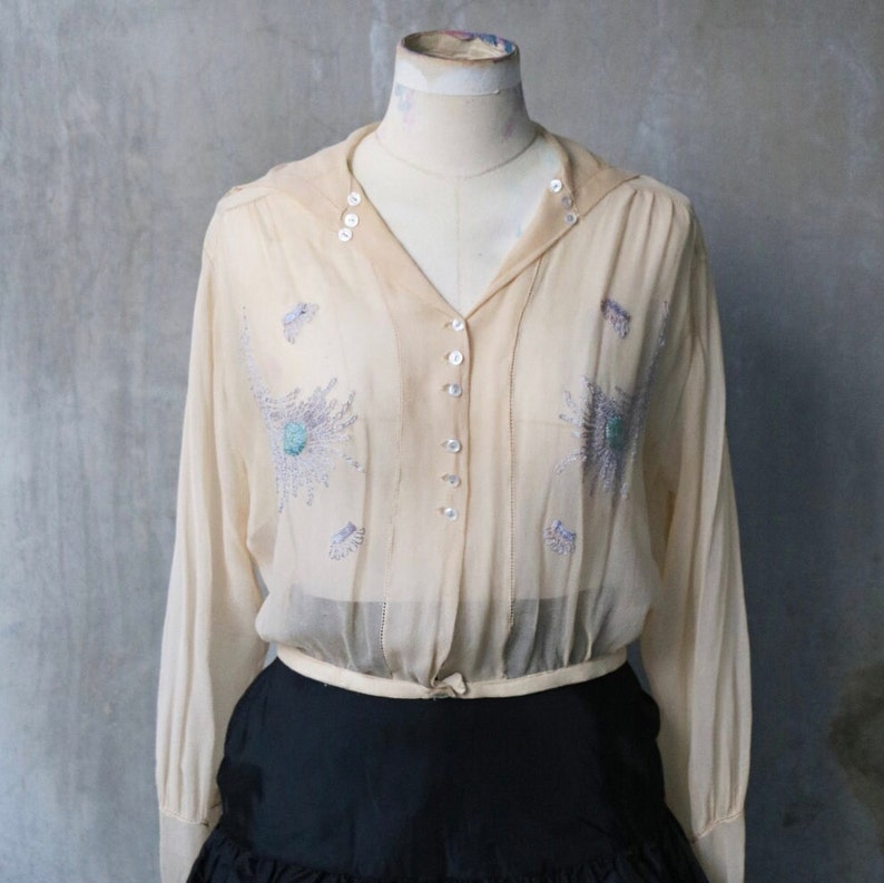 1900s/1910s Edwardian egg yellow blue embroidered sheer blouse image 1