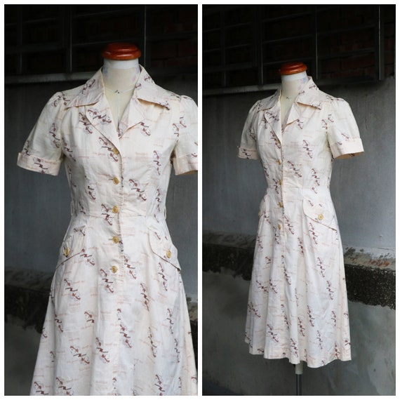 50s 60s cream yellow novelty girls print puff slee