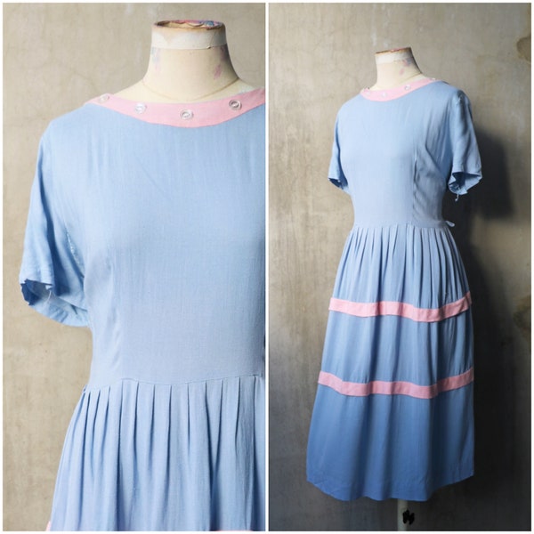 1940s 50s blue pink color block pleated linen dress