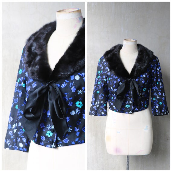 1950s 60s black green blue floral fur collar crop… - image 1