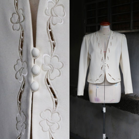 1980s white embroidered eyelet jacket - image 1