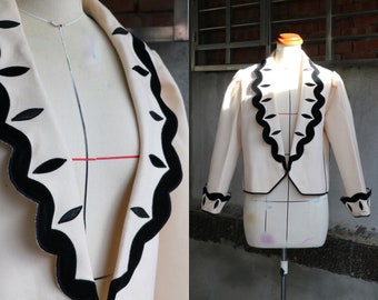 1980s black & white trim scalloped lapel wool jacket with puff sleeves