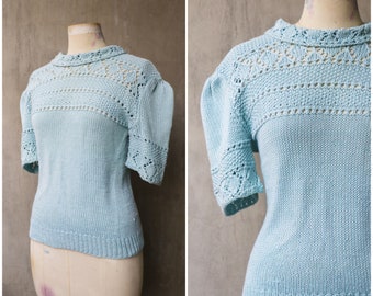 1940s 1950s pale egg blue crochet knit wool sweater blouse puffed sleeve