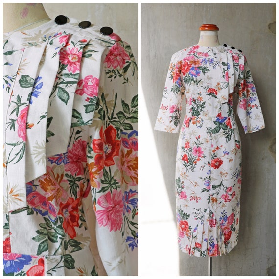 80s red & pink floral wave wiggle midi dress