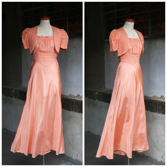 30s 40s peach quilted puff sleeves bolero & slip d