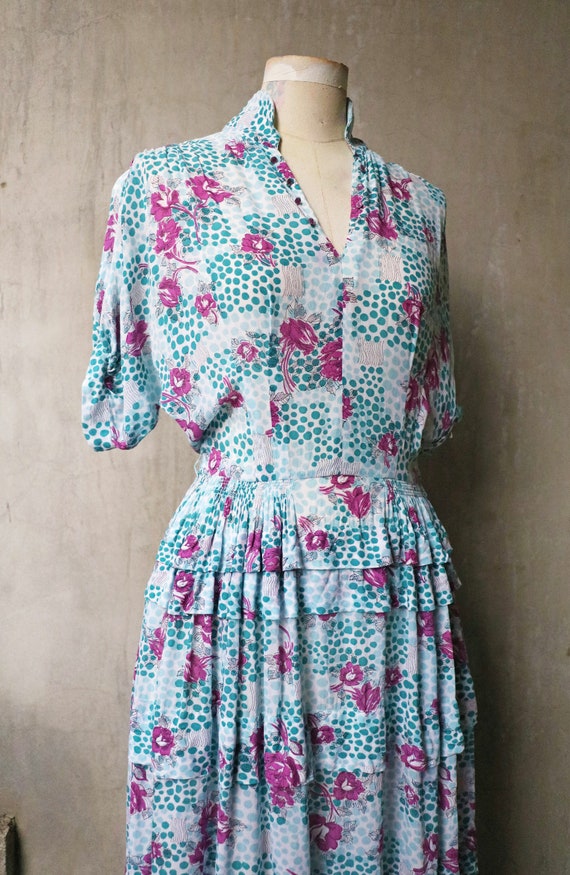 1940s blue violet novelty floral crepe rayon dress - image 5