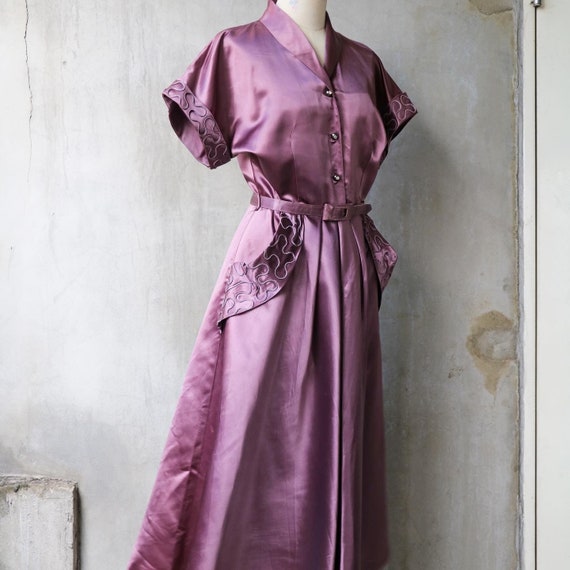 1950s purple satin soutache dress - image 3