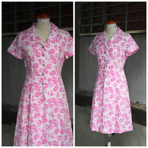 50s pink & white eyelet floral shirt dress