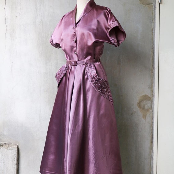 1950s purple satin soutache dress - image 4