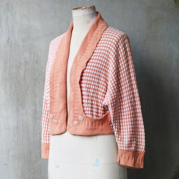 1940s 50s peach pink and white plaid dolman sleeve