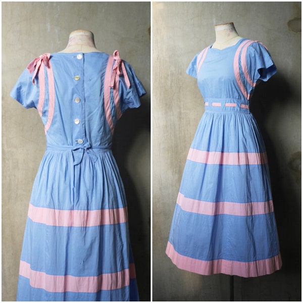 1940s pink blue striped color block smoked cotton dress AS IS