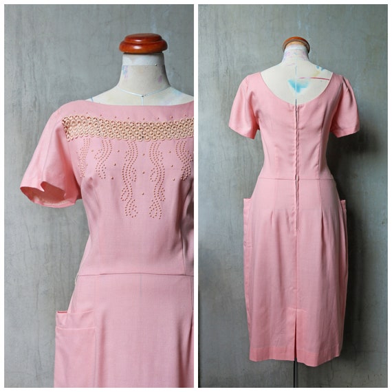 50s 60s lace & polka dots wiggle dress with pocket