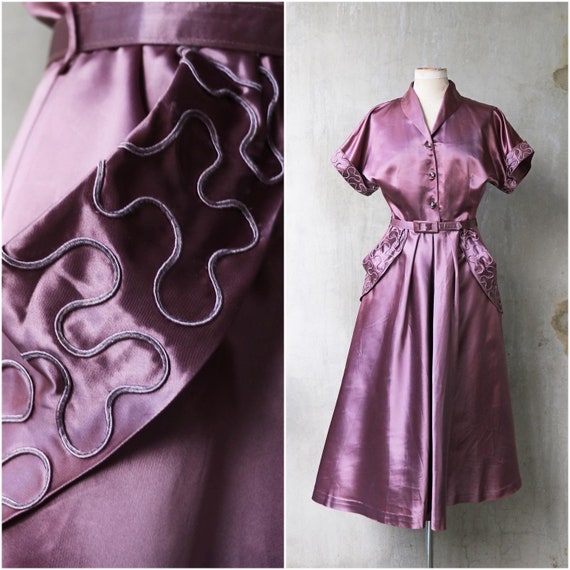 1950s purple satin soutache dress - image 1