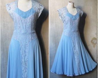 1940s periwinkle blue lace pleated sheer crepe dress AS IS