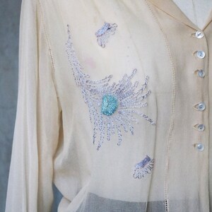 1900s/1910s Edwardian egg yellow blue embroidered sheer blouse image 4