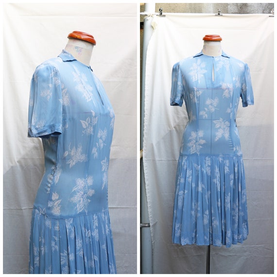 Late 20s early 30s baby blue floral drop waist ple