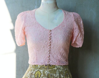 1940s pale pink lace puffed sleeve blouse