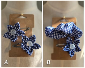 Primary, Infants & Junior School - Gingham Origami Flower Snap Hairclips and Scrunchie - UK Handmade - Hair Accessories - Zero Waste Fabric