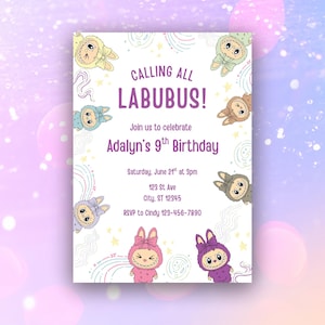 Bewerkbare Labubu-verjaardagsuitnodiging, leuke kawaii-feestuitnodiging, canvasjabloon instant download, afdrukbare kinderverjaardagskaart