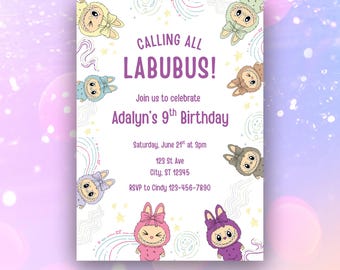 Editable Labubu Birthday Invitation, Kawaii Party, Canva Template (Digital Download)