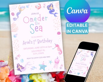 以下が含まれることがあります： 「Oneder the Sea」と「Ariel's 1st Birthday」のテキストが入った、人魚をテーマにした誕生日パーティーの招待状。人魚や海の生き物のイラストが特徴です。スマートフォンにも同じ招待状が表示されています。