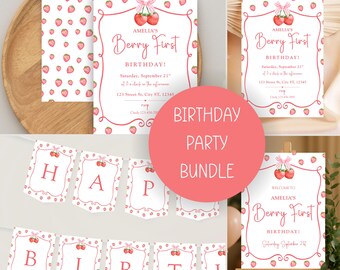 Berry First Birthday Party-bundel, uitnodiging + welkomstbord + Happy Birthday-banner, bewerkbare canva-sjablonen