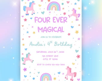 Invitación de unicornio para 4.º cumpleaños: Plantilla editable "Cuatro siempre mágicos" (Descarga digital)