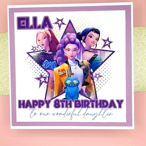 Tarjeta de cumpleaños personalizada de K-pop Demon Hunter con nombre y edad / Tarjeta de cumpleaños personalizada para niña con un lindo diseño animado