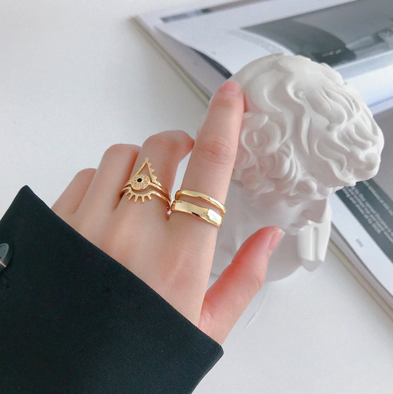 Geometric Wide Ring Statement Gold Silver Double Band Gold Band Stackable Ring Geometric Wave Ring 100/% 925 Silver Two Row Curved Ring