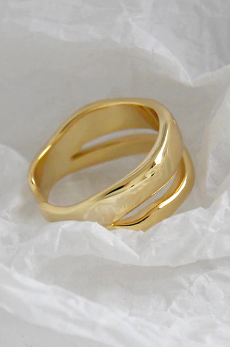 Geometric Wide Ring Statement Gold Silver Double Band Gold Band Stackable Ring Geometric Wave Ring 100/% 925 Silver Two Row Curved Ring