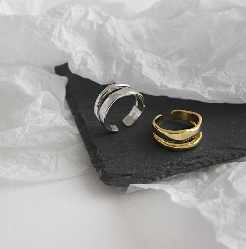 Geometric Wide Ring Statement Gold Silver Double Band Gold Band Stackable Ring Geometric Wave Ring 100/% 925 Silver Two Row Curved Ring