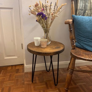 Round table, Plant pot stand, Bedside table, Table with hairpin legs, Rustic furniture.