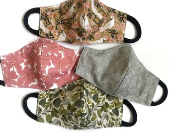 Reusable Face Masks w/ nose wire & filter pockets. 3-layer cotton/cotton mix cloth face covers. Adult kids