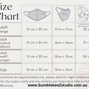 May include: Size chart for face masks with measurements in centimeters. The chart includes sizes for adults, teenagers, and children. The chart also includes the measurement of the head circumference for each size.