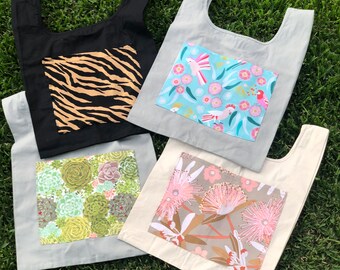 Reusable cotton Tshirt tote shoulder bags sustainable eco-friendly shopping bags