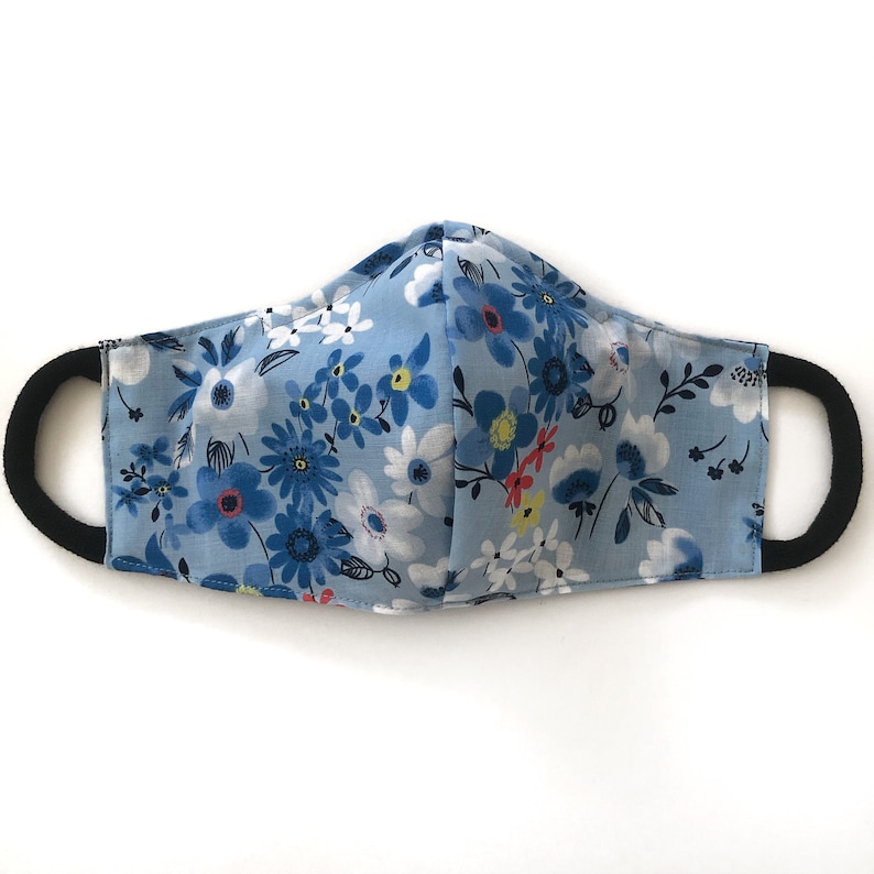 Comfy reusable 3 Layer Fabric face masks w/ nose wire & filter pockets. Comfortable elastics. Australian Made Eco friendly. Blue Flowers