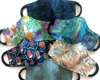 Aussie Florals - Cotton Reusable Face Masks w/ nose wire & filter pockets. 3 layers face covers Adult Teens Kids Handmade Australian