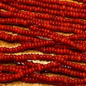 Antique/Vintage Micro Seed Beads-14/0-16/0 Variegated Warm Red- Beautiful blend of medium & darker opaque red beads on original old hanks