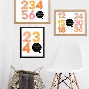 May include: Three framed art prints with numbers and text in orange, pink, and black. The prints include the words "speech", "vocabulary", and "intelligibility". A woven basket and a white chair are in the foreground.