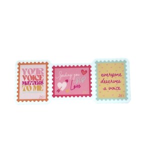 May include: Three decorative postage stamp stickers with scalloped edges. The stamps feature phrases like "Your Voice Matters To Me," "Sending You Love," and "Everyone Deserves a Voice." Each stamp has a 25-cent value.