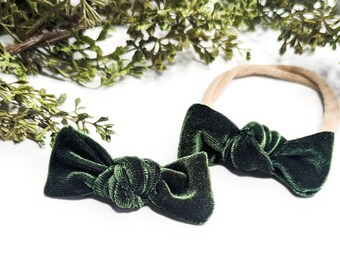 Evergreen Velvet Mini Knot Pigtail Set | Velvet Solid Knot Clips | Girl's Mini Hairbow Set | Green Hair bows | Dark Green Mini Knot Bows