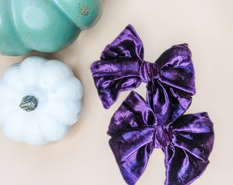 Purple Crushed Velvet Classic Pigtail Set | Halloween Purple Hairbows | Velvet Purple Girl's Hair Bow Set | Dark Purple Pigtail Sets |