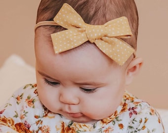 Mini Hearts Mustard MEDIUM Knot Bow | Mustard Hair Bow | Girl's Hair Bow, Headband | Toddler Hair bows | Newborn Hairbow | Mustard Headband