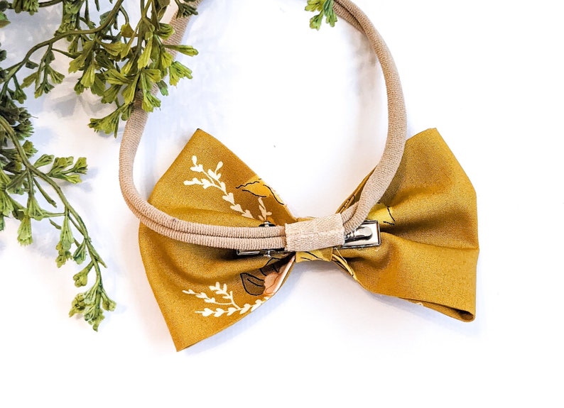 Girl/'s Hair Bow Girl/'s Headband Floral Headband Golden Floral | Mustard Pink Roses MEDIUM Bow Newborn Toddler Hairbow Hair bows