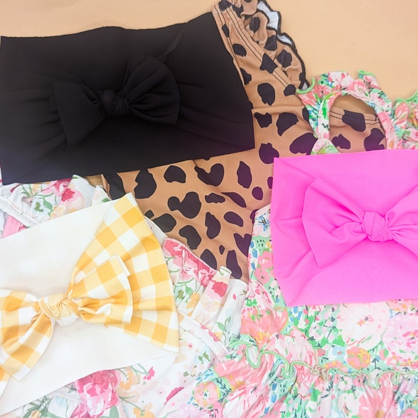 SWIM Solid & Printed Hand-Tied Knot Headwrap | Black Swim Headwrap | Recycled Barbie Pink Swim Headband | Yellow Gingham Swim Headwrap |