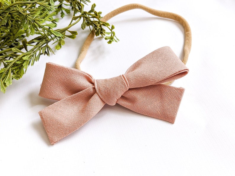 Linen Rose MEDIUM Knot Bow Light Pink Hair Bow Girl's Hair Bow, Headband Toddler Hair bows Newborn Hairbow Mommy and Me Linen Bow On Headband