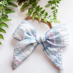 Medium Blue Plaid Seersucker Classic Bow | Spring Headband | Girl&#39;s Hair Bow | Spring Hairbow | Newborn Toddler Hairbow| Easter Hairbow