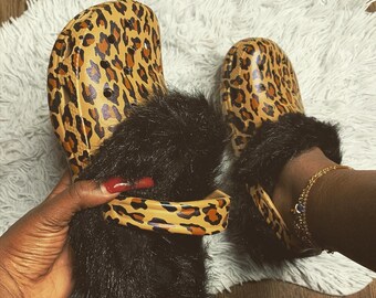 Black crocs with cheetah fur Clearance