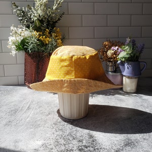 May include: A yellow sun hat with white polka dots. The hat is sitting on a white ceramic cup. The hat is made of fabric and has a wide brim.